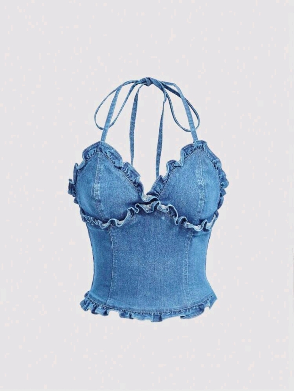 SHEIN Blue Denim Ruffle Halter Corset Cami